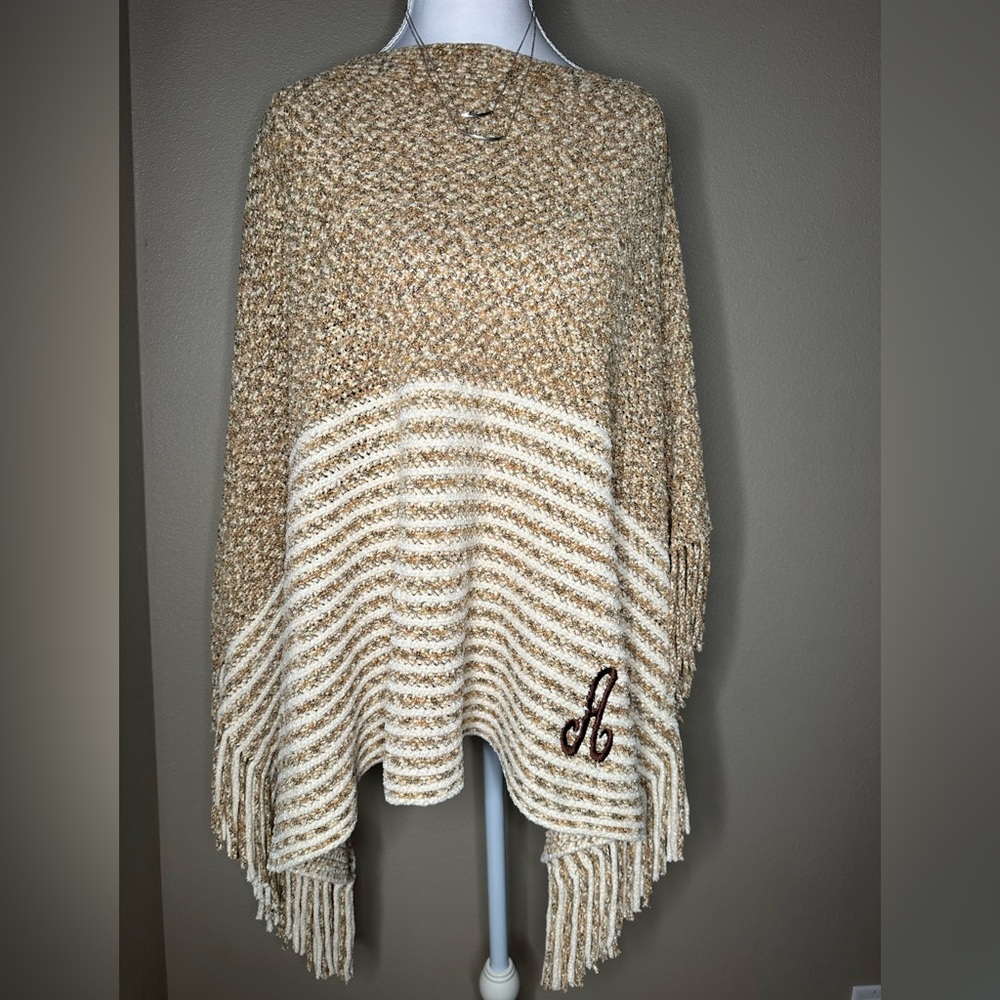 Marleylilly Chenille‎ Fringe Poncho – Tan Stripe, Initial A, NWT